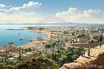 Carthage Panorama: Nautical Might and Market Bustle of the Mediterranean's Crown Jewel Stock Photo