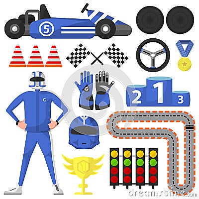 Carting Rally Car and Victory Symbols Collection Vector Illustration