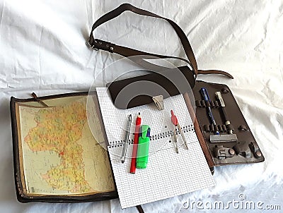 Cartographer mapmaker geographer bag leather with pencils Stock Photo