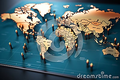 Cartographic artistry, world map with abstract location marks in focus Stock Photo