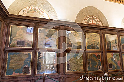 Cartography collection in the Hall of geographical maps in Palazzo Vecchio, Florence, Tuscany, Italy. Editorial Stock Photo