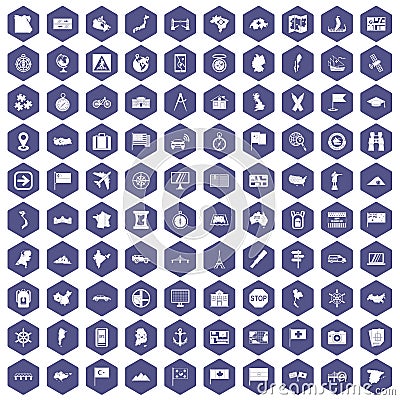 100 cartography icons hexagon purple Vector Illustration