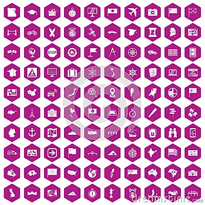 100 cartography icons hexagon violet Vector Illustration