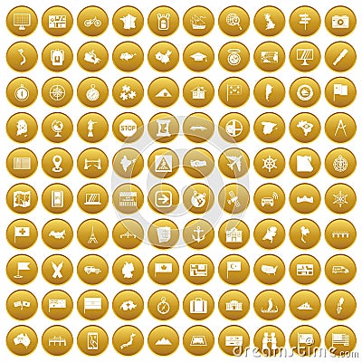 100 cartography icons set gold Vector Illustration