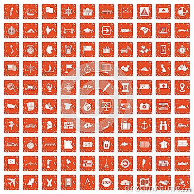 100 cartography icons set grunge orange Vector Illustration