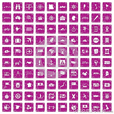 100 cartography icons set grunge pink Vector Illustration