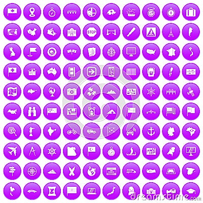 100 cartography icons set purple Vector Illustration