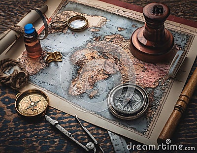 Cartography and map making, featuring elements like maps, compasses, and cartographic tools, symbolizing map creation, geographic Stock Photo