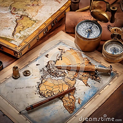 Cartography and map making, featuring elements like maps, compasses, and cartographic tools, symbolizing map creation, geographic Stock Photo