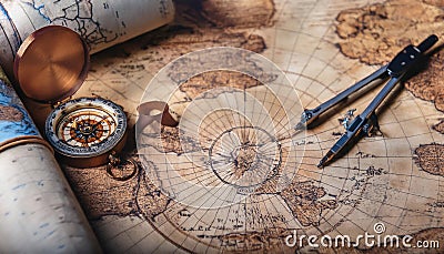 Cartography and map making, featuring elements like maps, compasses, and cartographic tools, symbolizing map creation, geographic Stock Photo