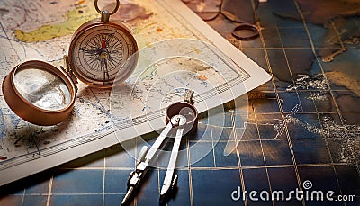 Cartography and map making, featuring elements like maps, compasses, and cartographic tools, symbolizing map creation, geographic Stock Photo