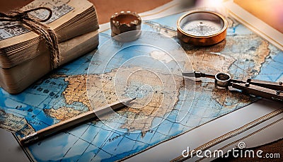 Cartography and map making, featuring elements like maps, compasses, and cartographic tools, symbolizing map creation, geographic Stock Photo