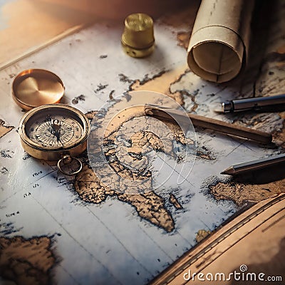 Cartography and map making, featuring elements like maps, compasses, and cartographic tools, symbolizing map creation, geographic Stock Photo