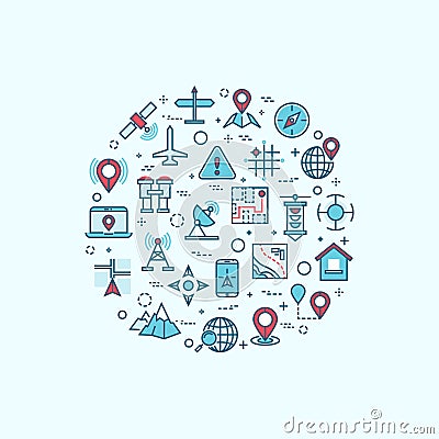 Cartography, topography, maps location, navigation vector concept with line icons Vector Illustration