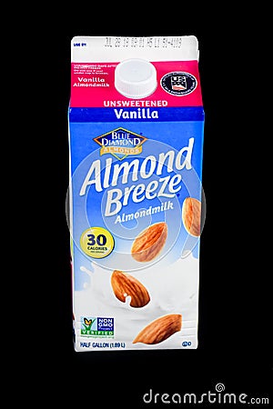 Carton of Blue Diamond Unsweetened Vanilla Almond Milk Editorial Stock Photo