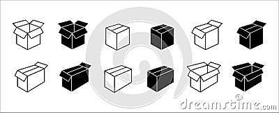 Carton box icon set. Cardboard box vector icons set. Opened and closed carton box. Assorted delivery packaging, symbol of shipping Vector Illustration