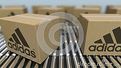 Carton Boxes with Adidas Logo Move on Roller Conveyor. Conceptual Editorial  Loopable Animation Stock Video - Video of loop, paper: 149860213