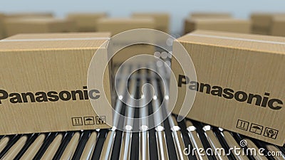 Carton boxes with PANASONIC logo move on roller conveyor. Realistic 3D rendering Editorial Stock Photo