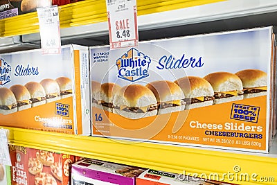 Carton boxes of White Castle brand Cheese Sliders cheeseburgers Editorial Stock Photo