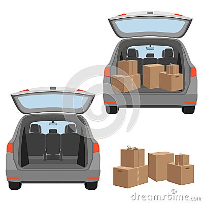 Carton boxex in the boot of the car and on the baggage cart Vector Illustration