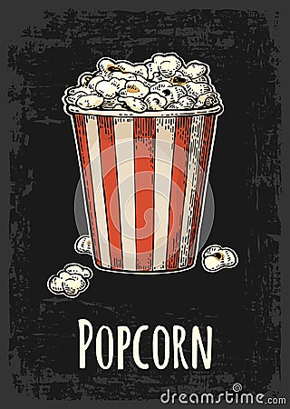 Carton bucket full popcorn with title. Vector Illustration