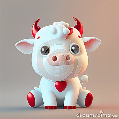 Carton cute tiny cow with red horns and big eyes - AI generated adorable calf Stock Photo