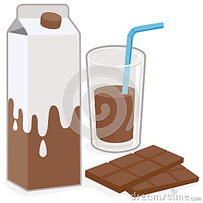 Carton and glass of chocolate flavored milk and a bar of chocolate. Vector Illustration Vector Illustration
