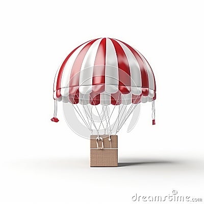 A carton hangs on a red and white air balloon on white background generative AI Stock Photo