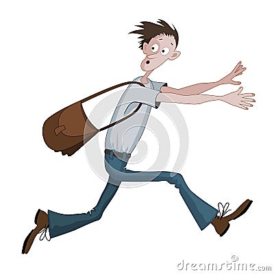 Carton man running fast with bag scared with something, he is looking back Vector Illustration