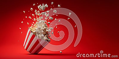Carton of popcorn exploding on a red background. flying popcorn. Generative ai Stock Photo