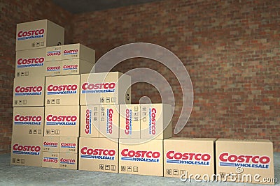 Boxes with COSTCO logo make up a declining bar chart. Editorial crisis related 3D rendering Editorial Stock Photo