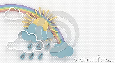 Cartoon abstract composition with the sun and clouds with raindrops on the sky. Wall decor. Greeting card with copy space. 3D ren Stock Photo