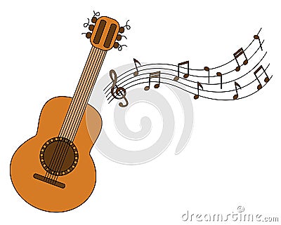 Cartoon acoustic guitar and sheet music Vector Illustration