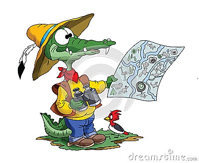 Cartoon adventurer alligator looking his map to find his route Vector Illustration