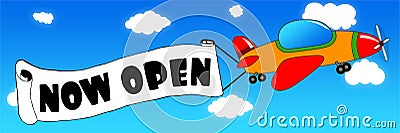 Cartoon aeroplane and banner with NOW OPEN text on a blue sky ba Stock Photo