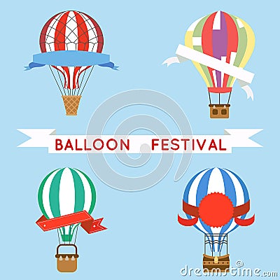 Cartoon aerostat air balloon festival sky flight travel basket retro airship icons set design vector illustration Vector Illustration