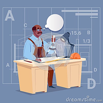 Cartoon African American Builder Sitting At Desk Working On Blueprint Building Plan Architect Engineer Vector Illustration