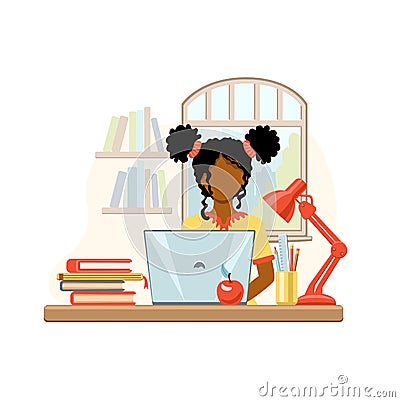 Cartoon african american girl studying at home with computer and books on window background. School girl writing for homework. Vector Illustration