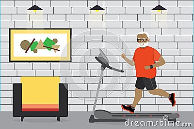 Cartoon african american grandfather running on a treadmill Vector Illustration