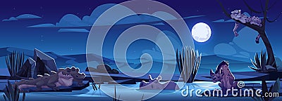 Cartoon african animals night savannah landscape. Vector Illustration