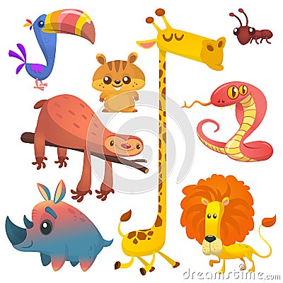 Cartoon african jungle animals. Vector illustrations of toucan, sloth, giraffe, chipmunk, ant, rhino and lion Vector Illustration