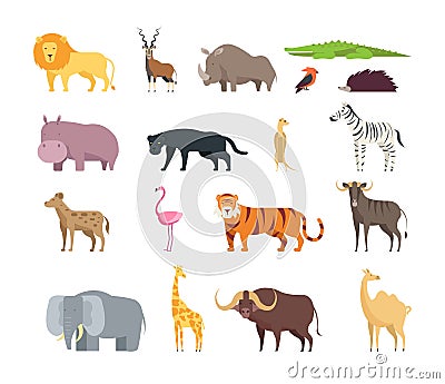 Cartoon african savannah animals. Wild zoo safari mammals, reptiles and birds vector set isolated on white background Vector Illustration