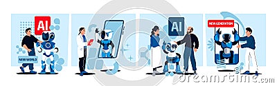 Cartoon ai concept. Artificial intelligence chatbot web application, machine learning software, dialog system, bot for Vector Illustration