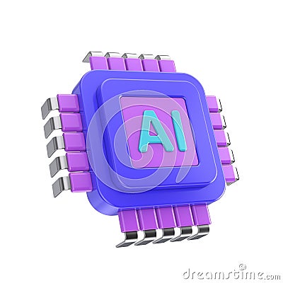 Cartoon AI Powered Microchip CPU Processor Web Icon. 3d Rendering Stock Photo