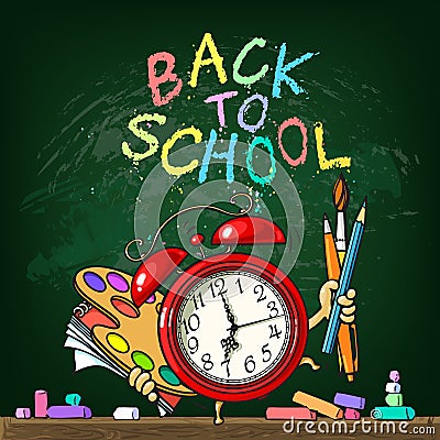 Cartoon alarm clock with school supplies on schoolboard background. Back to school color chalk text. Vector illustration Vector Illustration