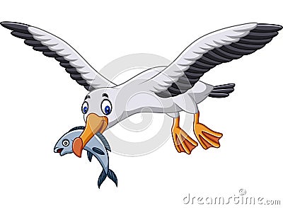 Cartoon albatross eating a fish Vector Illustration