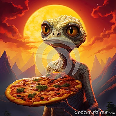 Cartoon alien with big eyes eats pizza Stock Photo