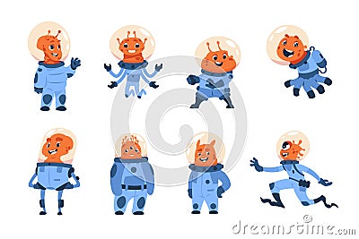Cartoon alien cosmonauts. Space astronauts, funny UFO crew. Friendly orange cosmic monsters in spacesuits with round Vector Illustration