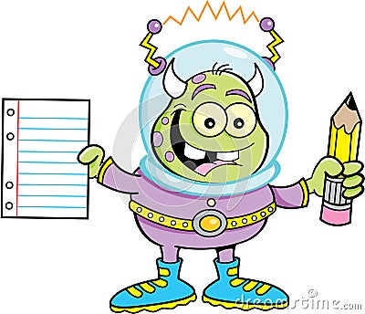 Cartoon alien holding a paper and pencil Vector Illustration