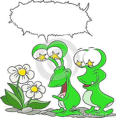 Cartoon aliens looking at daisies that they found on earth vector illustration Vector Illustration